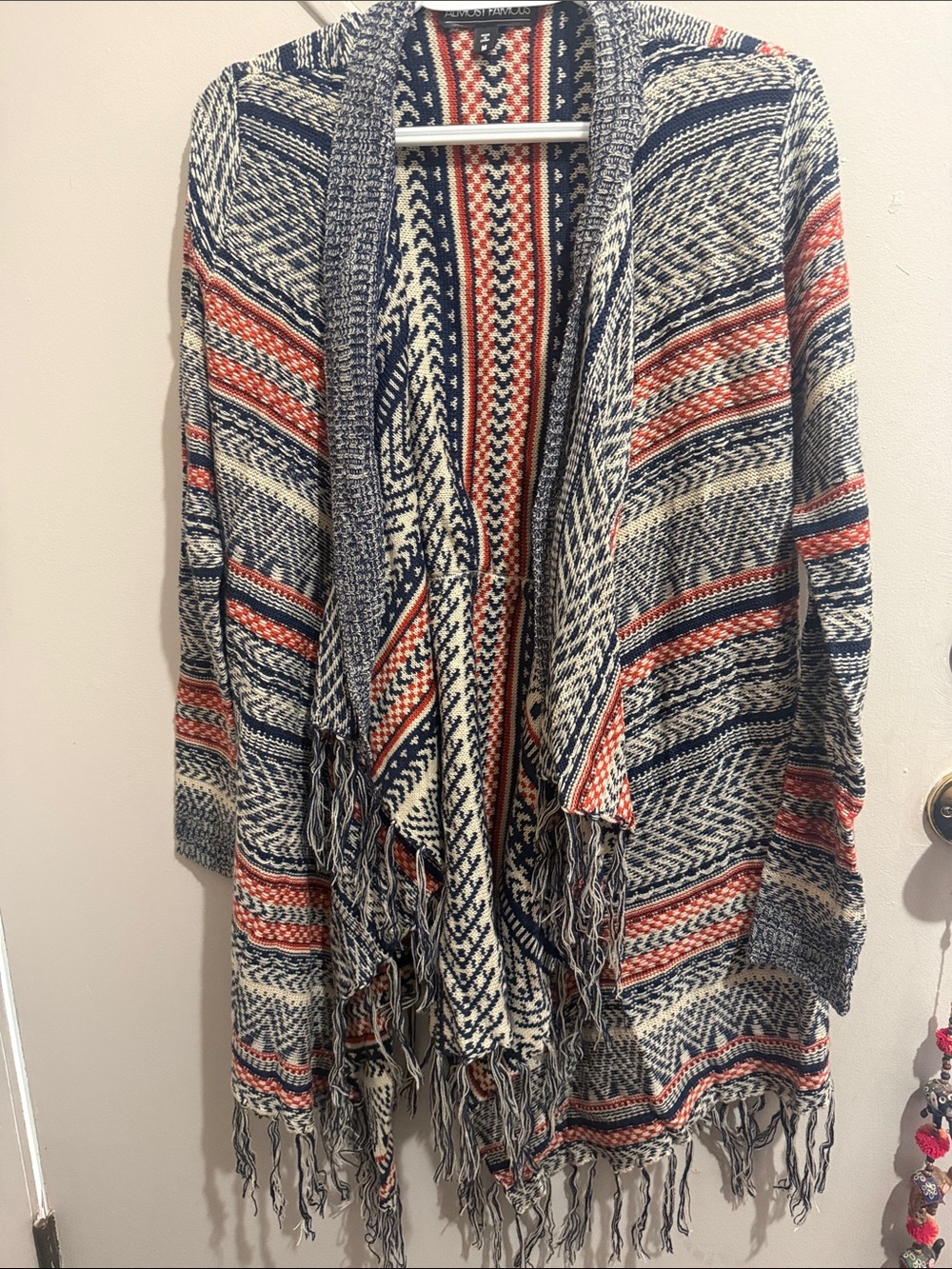 Almost Famous Navy, Cream & Rust Striped Fringe Open Cardigan